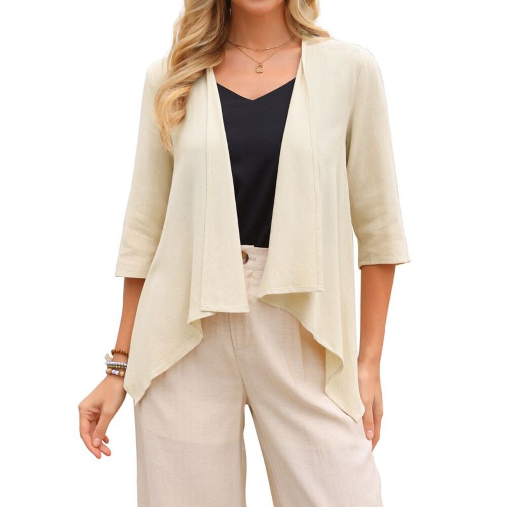 Womens Linen Cardigan Summer Open Front 3/4 Sleeve Loose Cover Ups Beige